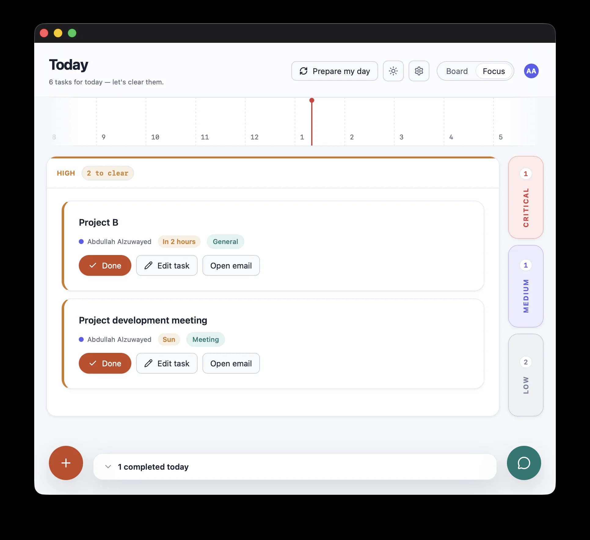واجهة التركيز في EmailTasker مع خط زمني وأعمدة أولوية مختصرة.